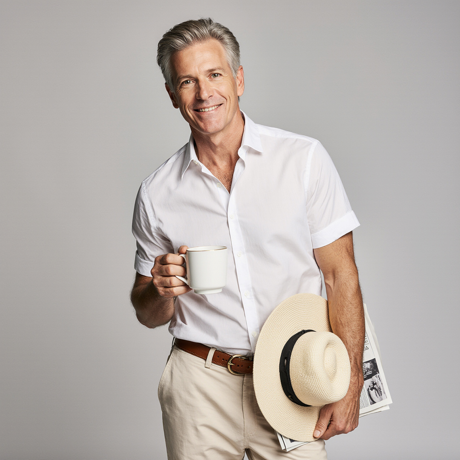 Smiling man in white shirt and khaki pants holding coffee mug and sun hat in Coral Gables.